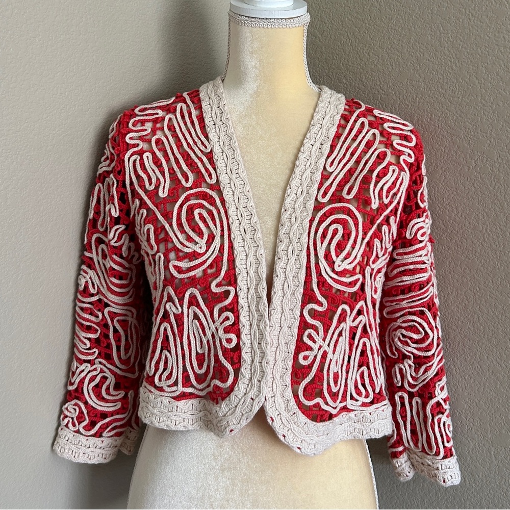 Chico's 100% cotton Red and Cream Open Crochet bolero size 1